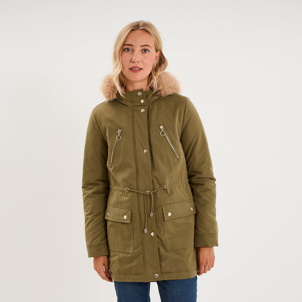 Parka cintrée capuche fausse fourrure vert kaki femme - 1