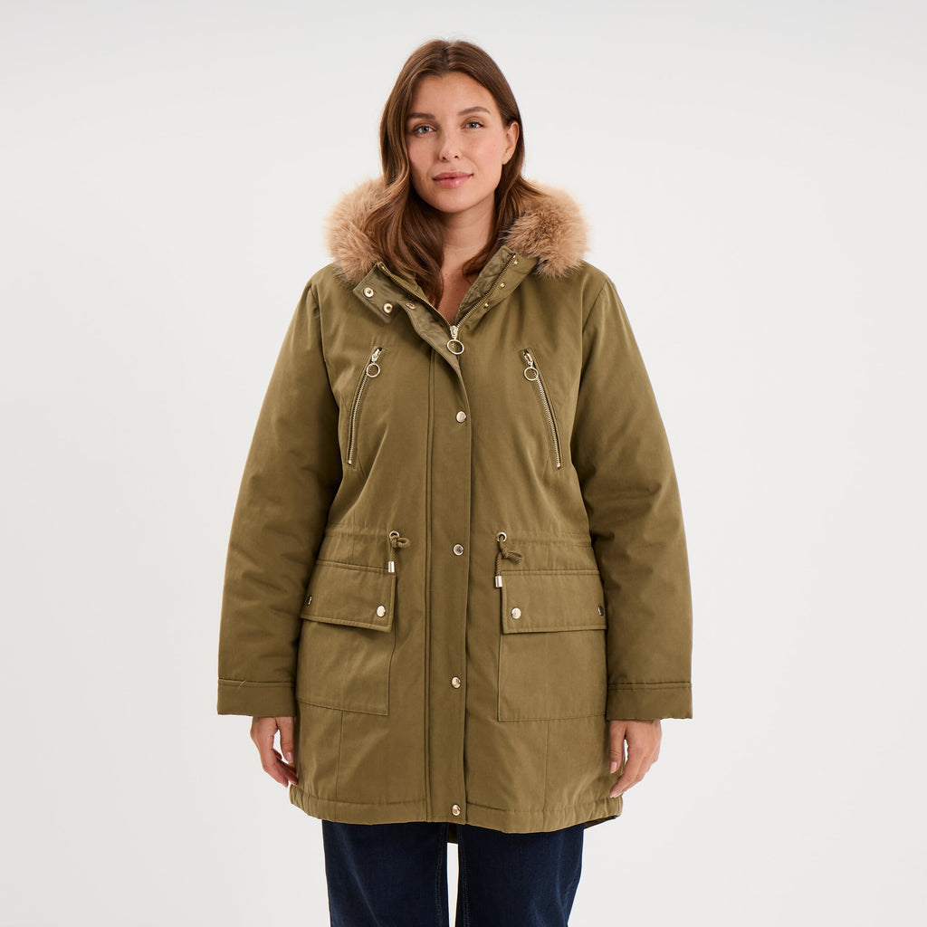 Parka déperlante capuche fausse fourrure vert kaki femme grande taille - 1