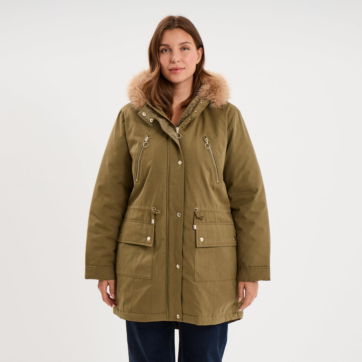 Parka déperlante capuche fausse fourrure vert kaki femme grande taille - 1