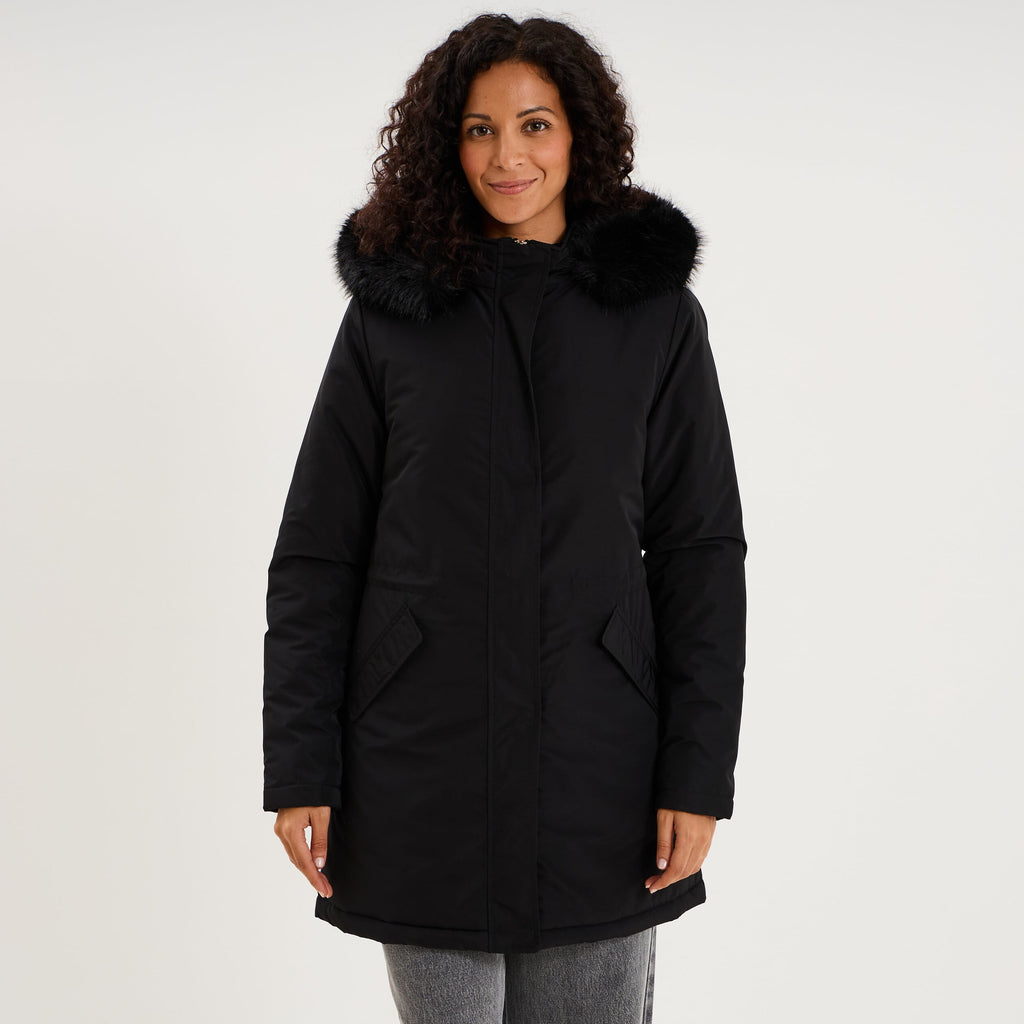 Parka fourrée à capuche fausse fourrure noir femme - 1