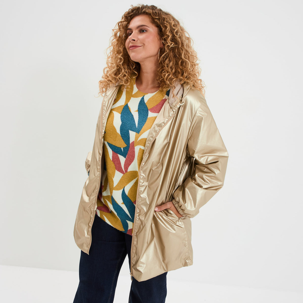 Parka imperméable à capuche jaune or femme grande taille - 1