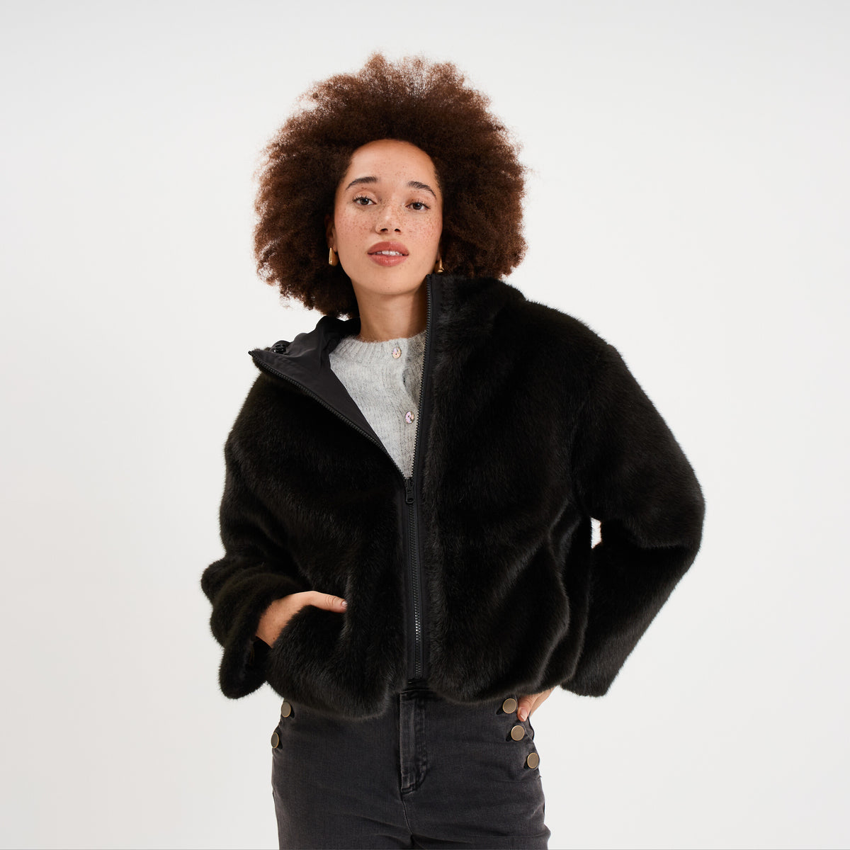 Parka réversible capuche fausse fourrure vert kaki femme - 3
