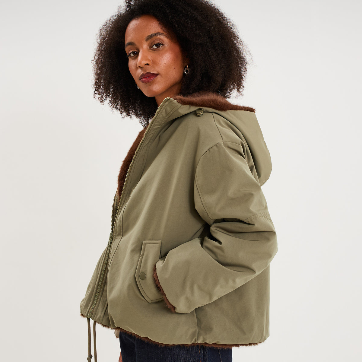 Parka réversible capuche fausse fourrure vert kaki femme - 1