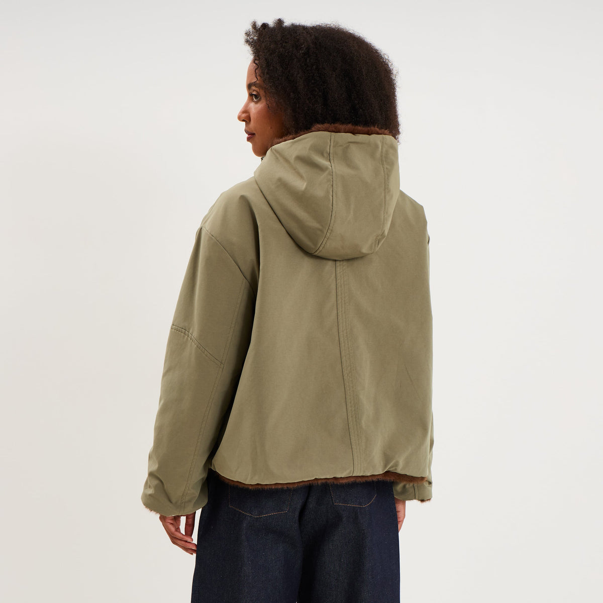 Parka réversible capuche fausse fourrure vert kaki femme - 2