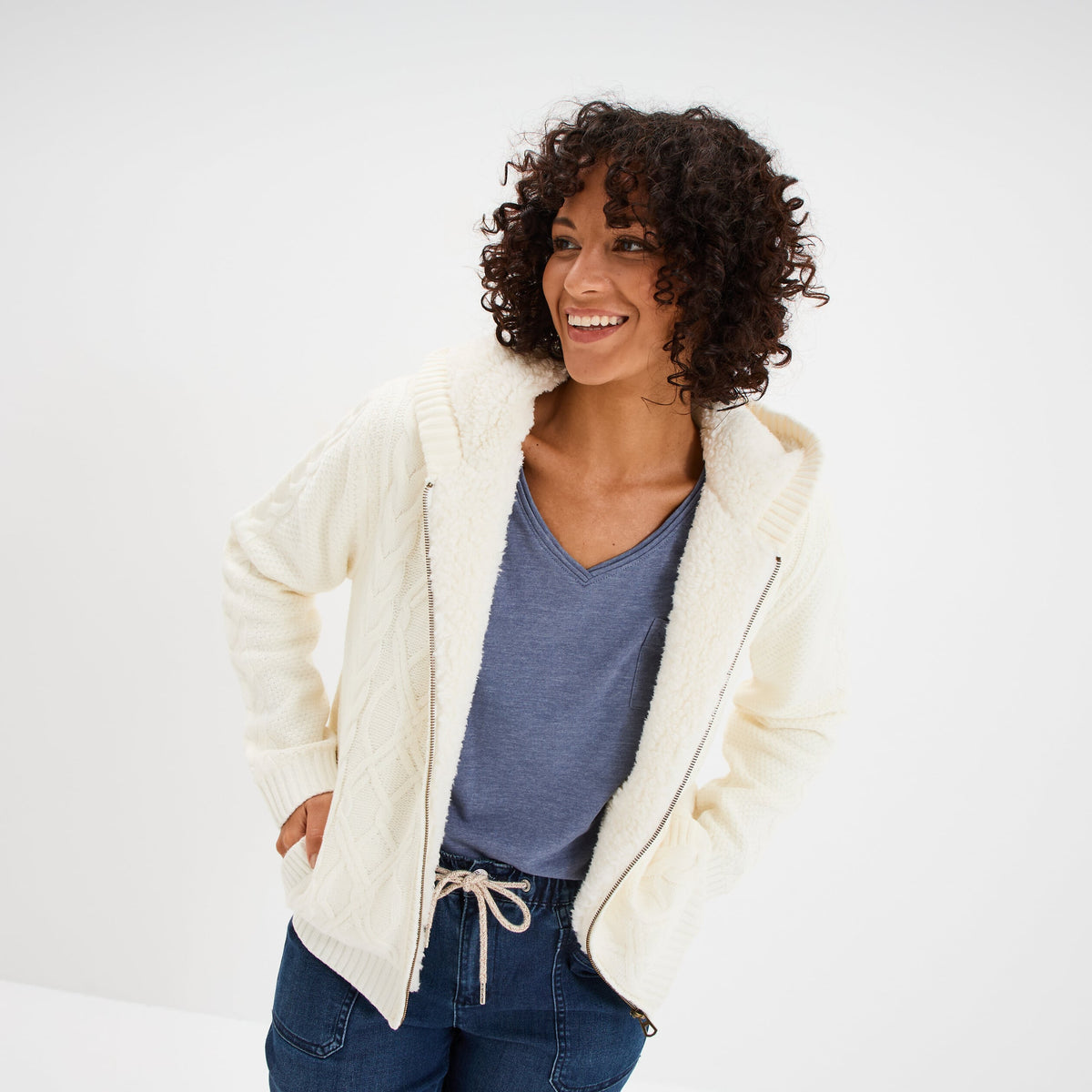 Sweat zippé doublure effet sherpa ecru femme - 1
