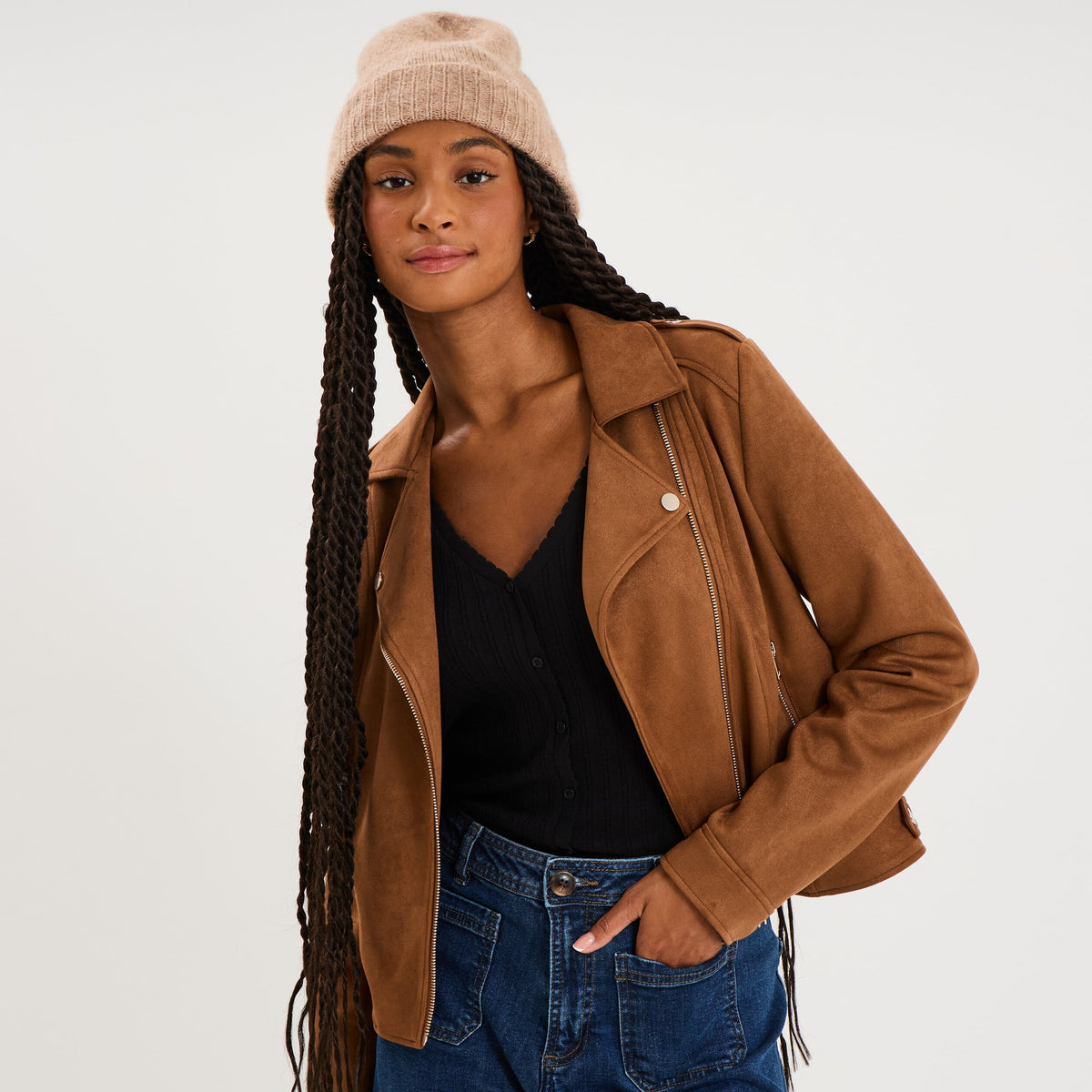 Veste biker en suédine ajustée vert kaki femme - 13