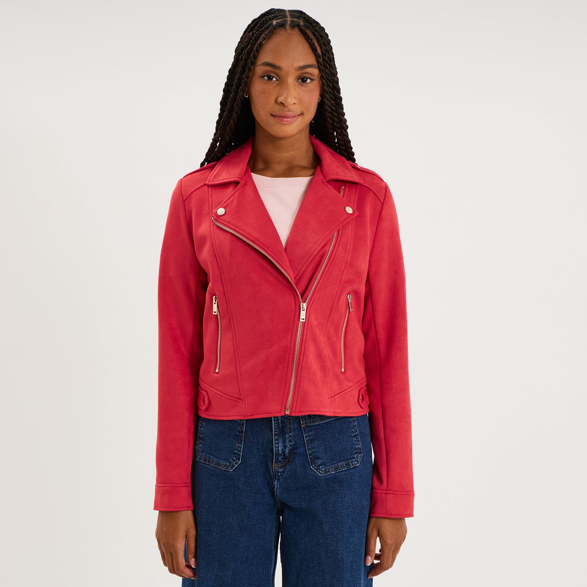 Veste biker en suédine ajustée vert kaki femme - 3
