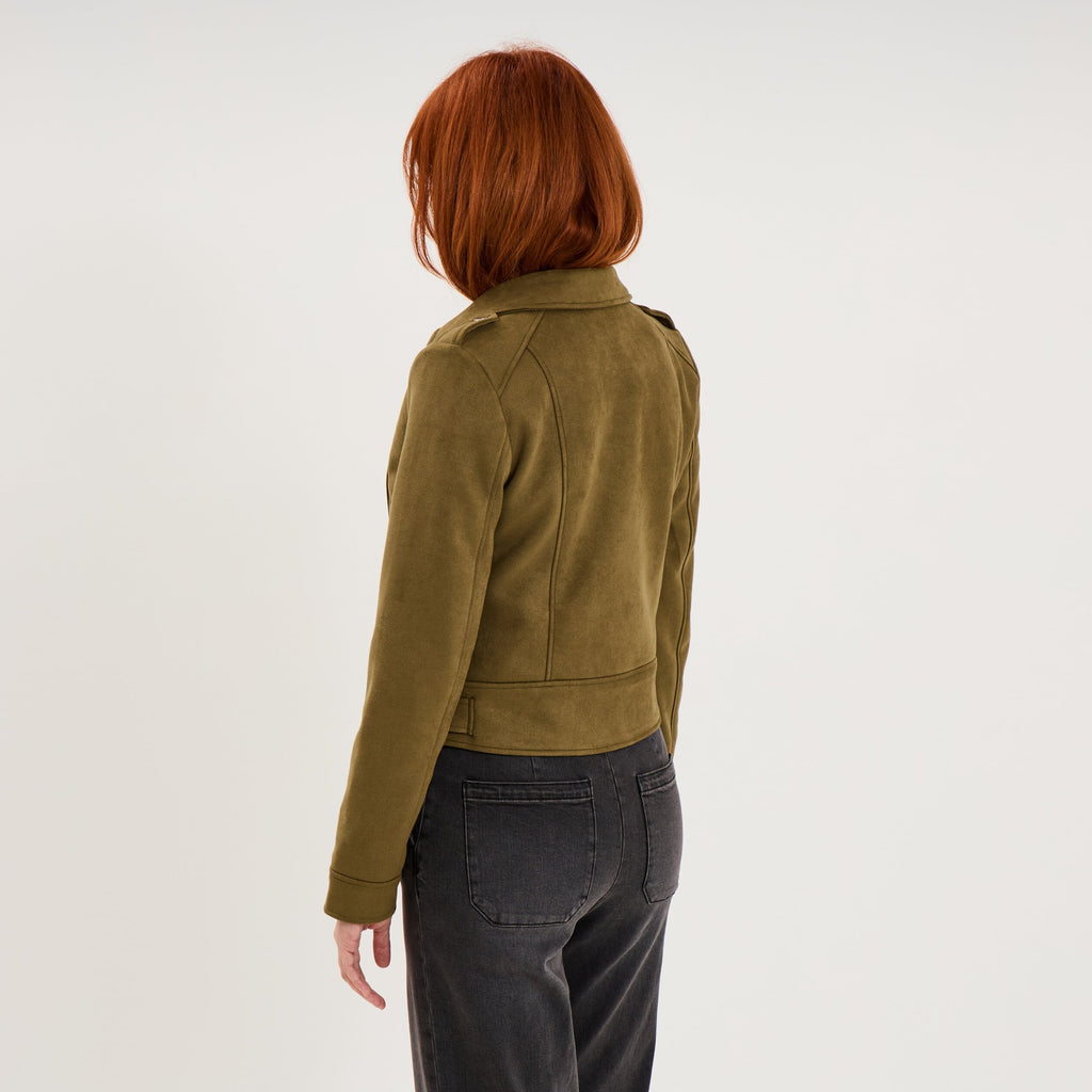 Veste biker en suédine ajustée vert kaki femme - 2