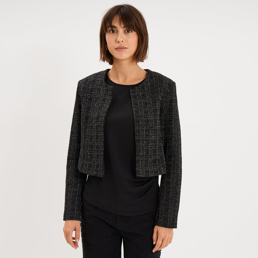 Veste boléro tweed manches longues noir femme - 1