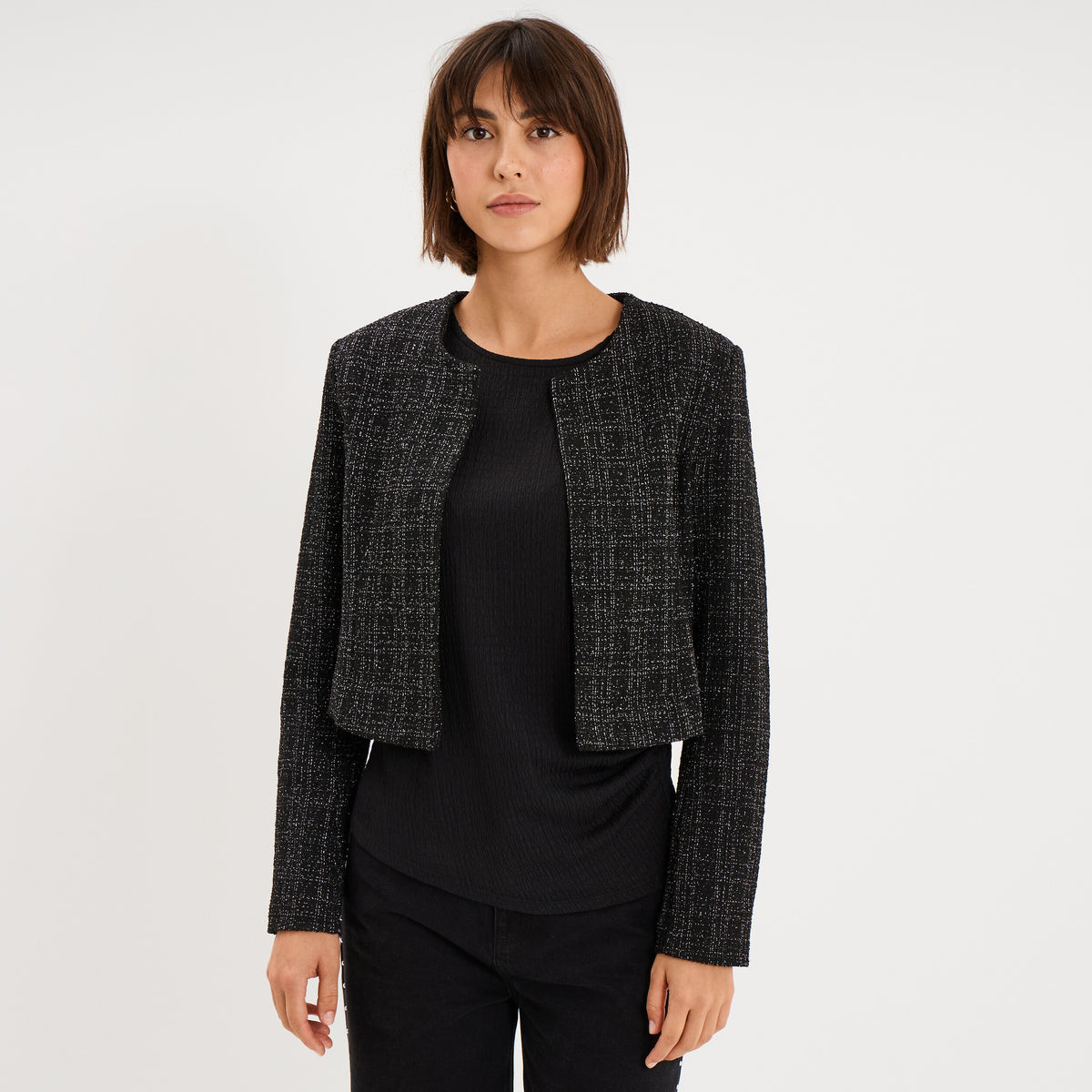 Veste boléro tweed manches longues noir femme - 1