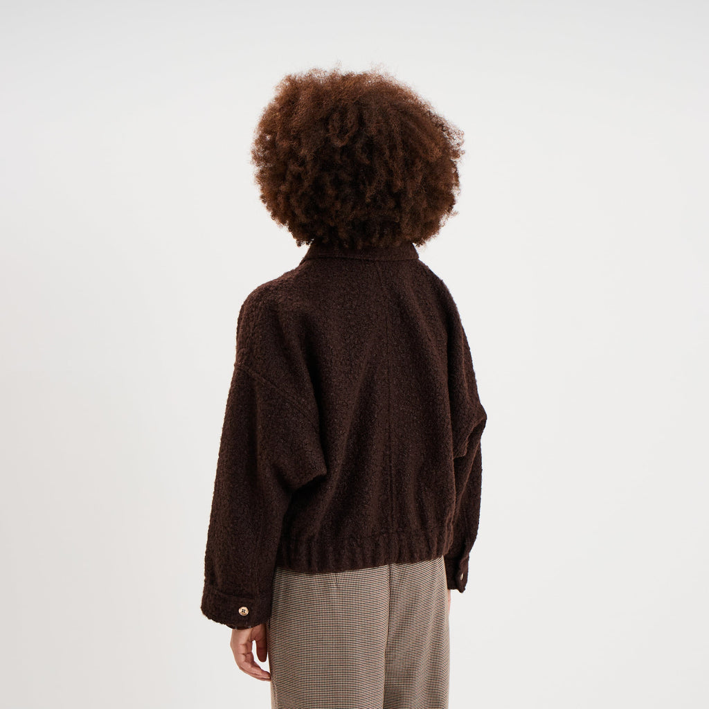 Veste bouclette oversize col tailleur marron foncé femme - 2