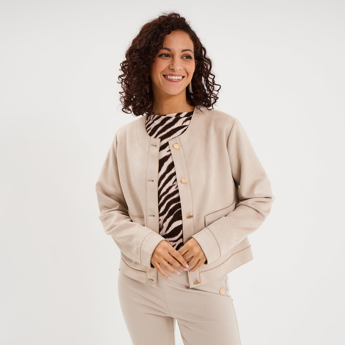 Veste boutonnée effet suédine marron foncé femme - 3