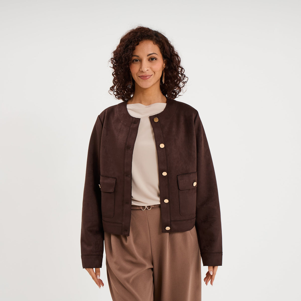 Veste boutonnée effet suédine marron foncé femme - 1
