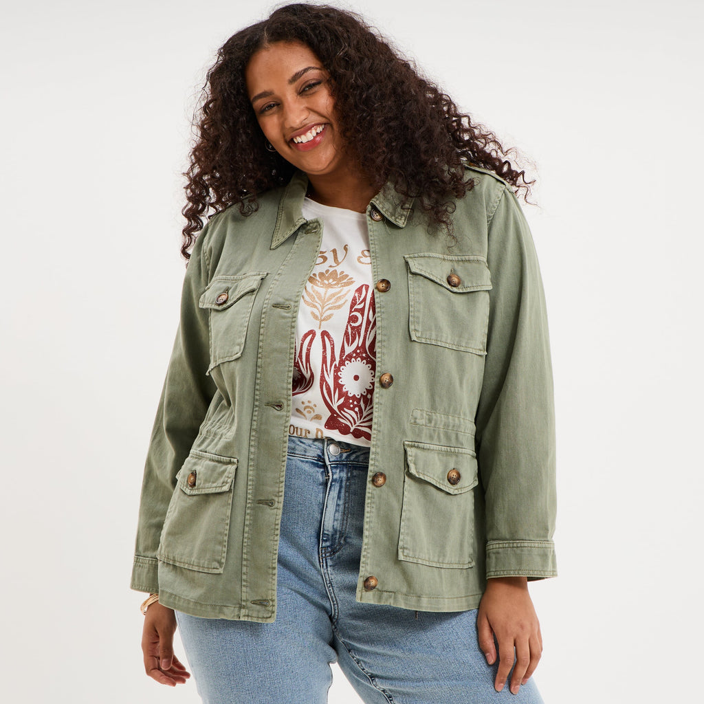 Veste boutonnée poches à rabat vert kaki femme grande taille - 1