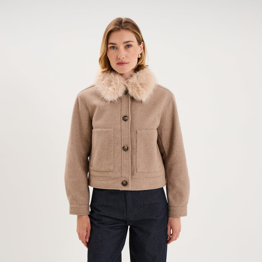 Veste courte col amovible sable femme - 1
