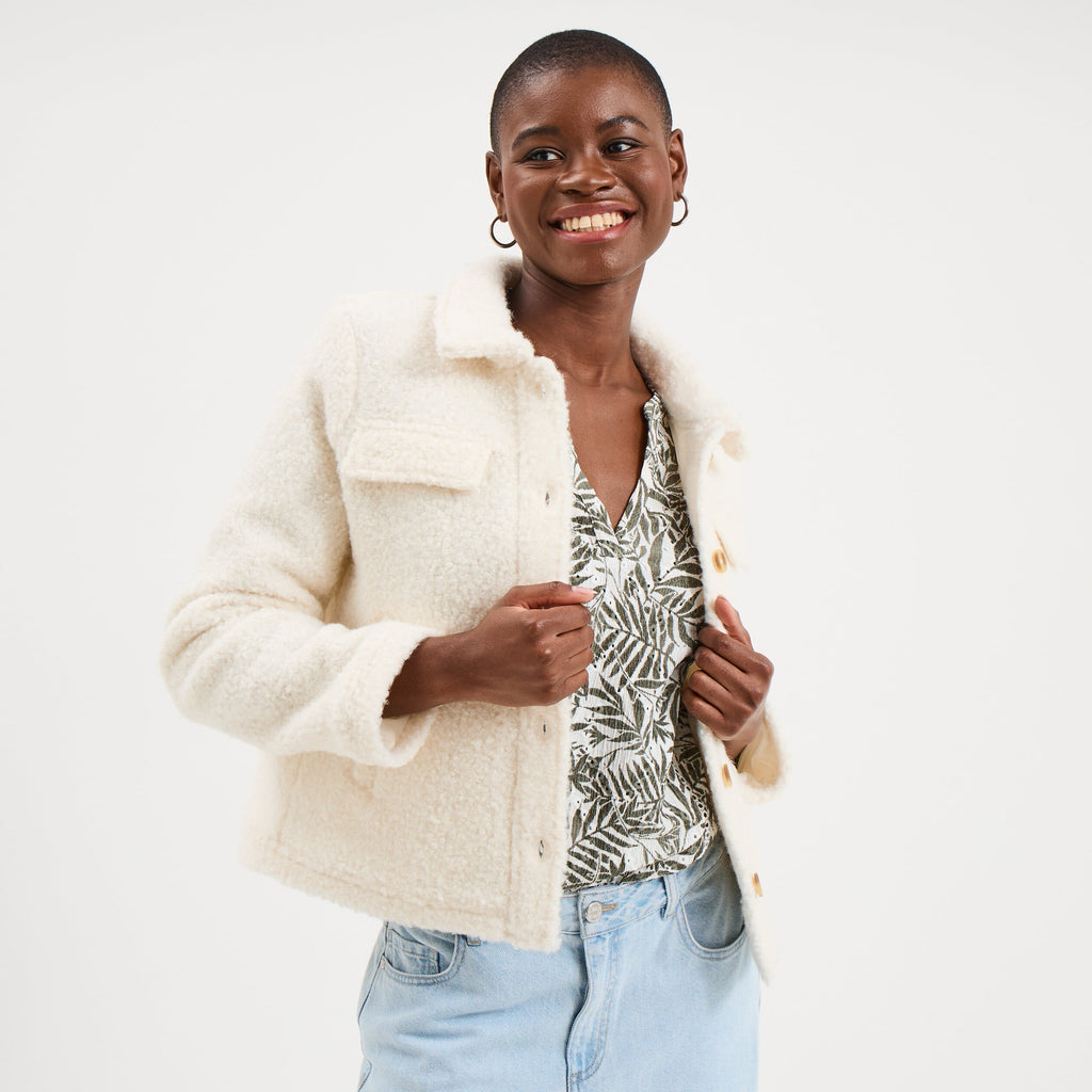 Veste courte droite effet bouclette blanc femme - 1