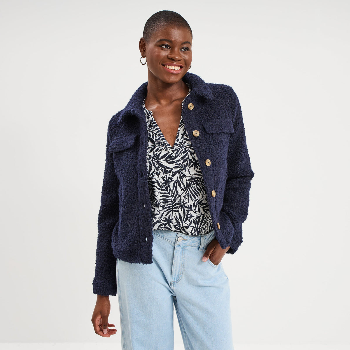 Veste courte droite effet bouclette blanc femme - 3