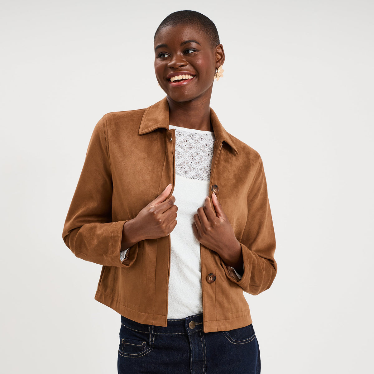 Veste courte effet suédine marron femme - 1