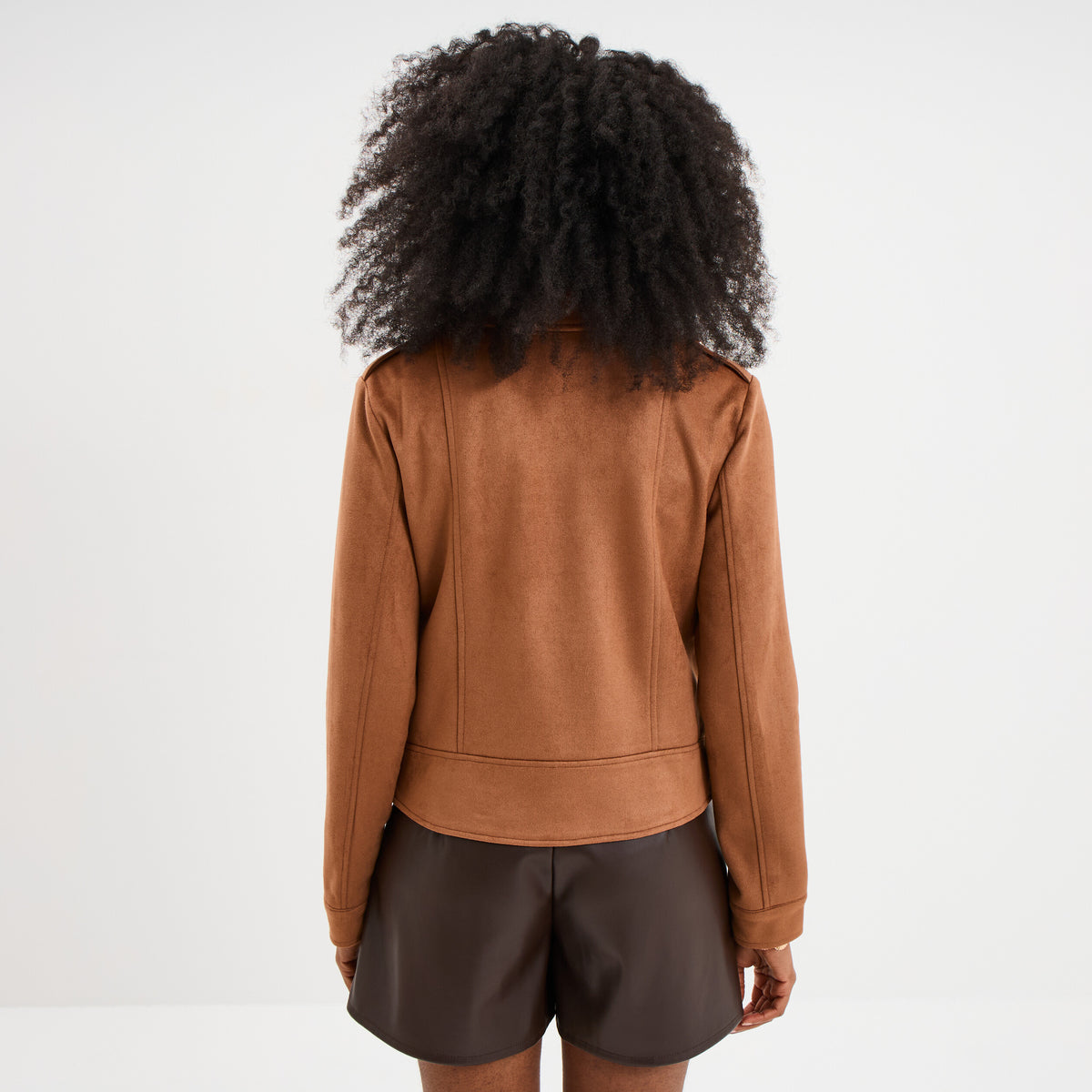 Veste courte esprit biker effet suédine marron clair femme - 2