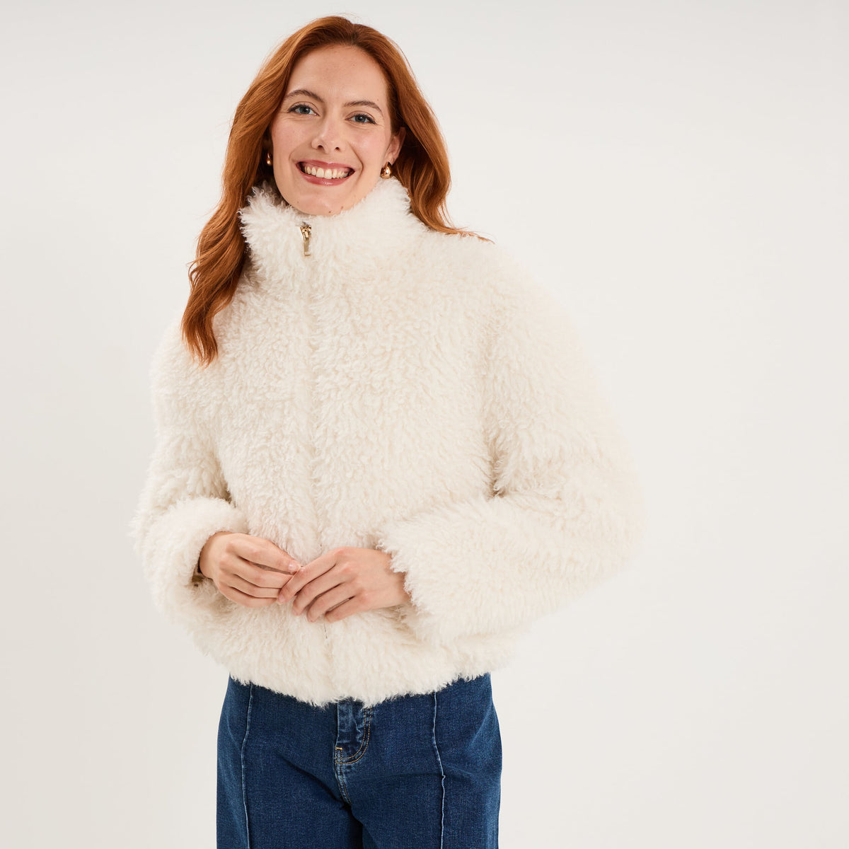 Veste courte fausse fourrure col montant ivoire femme - 1