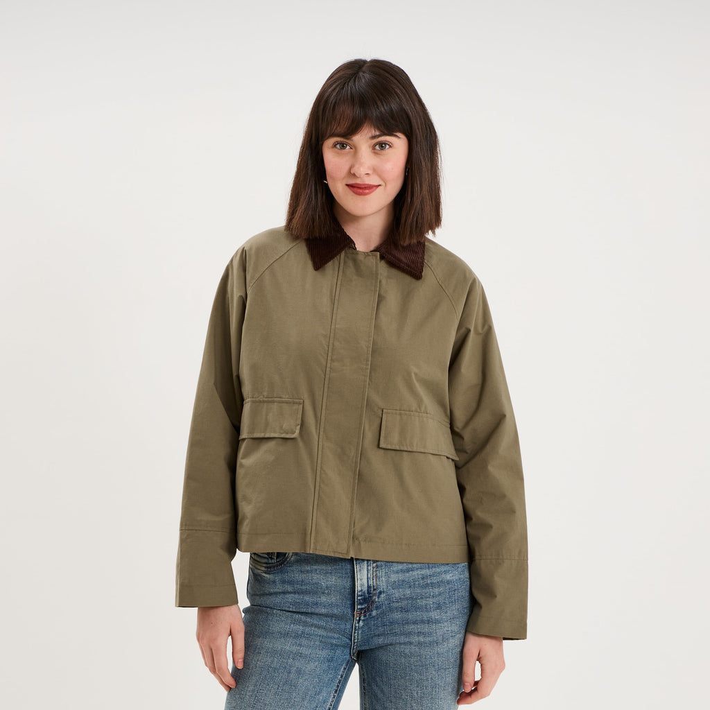Veste courte oversize col velours côtelé taupe femme - 1