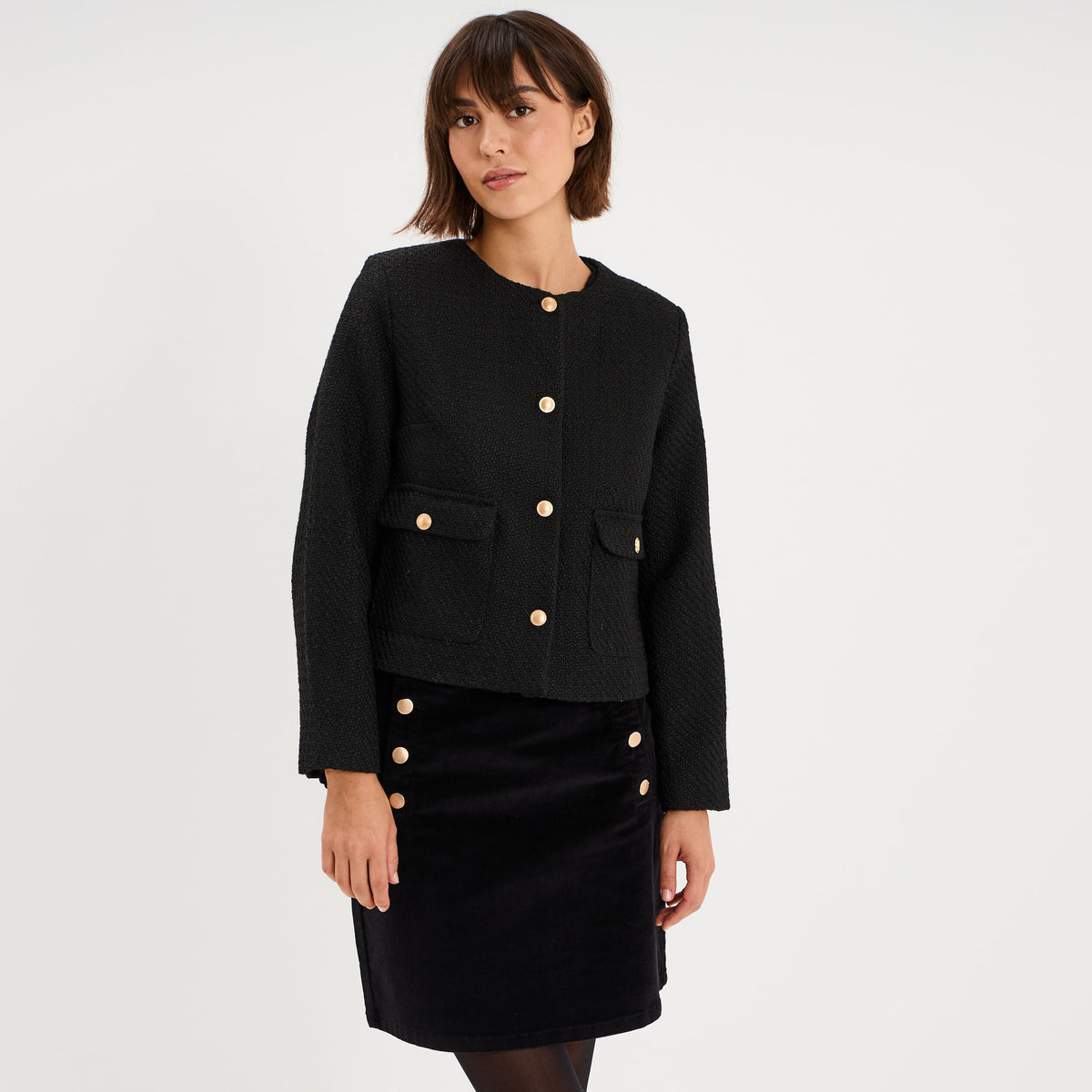 Veste droite boutonnée tweedéé noir femme - 1