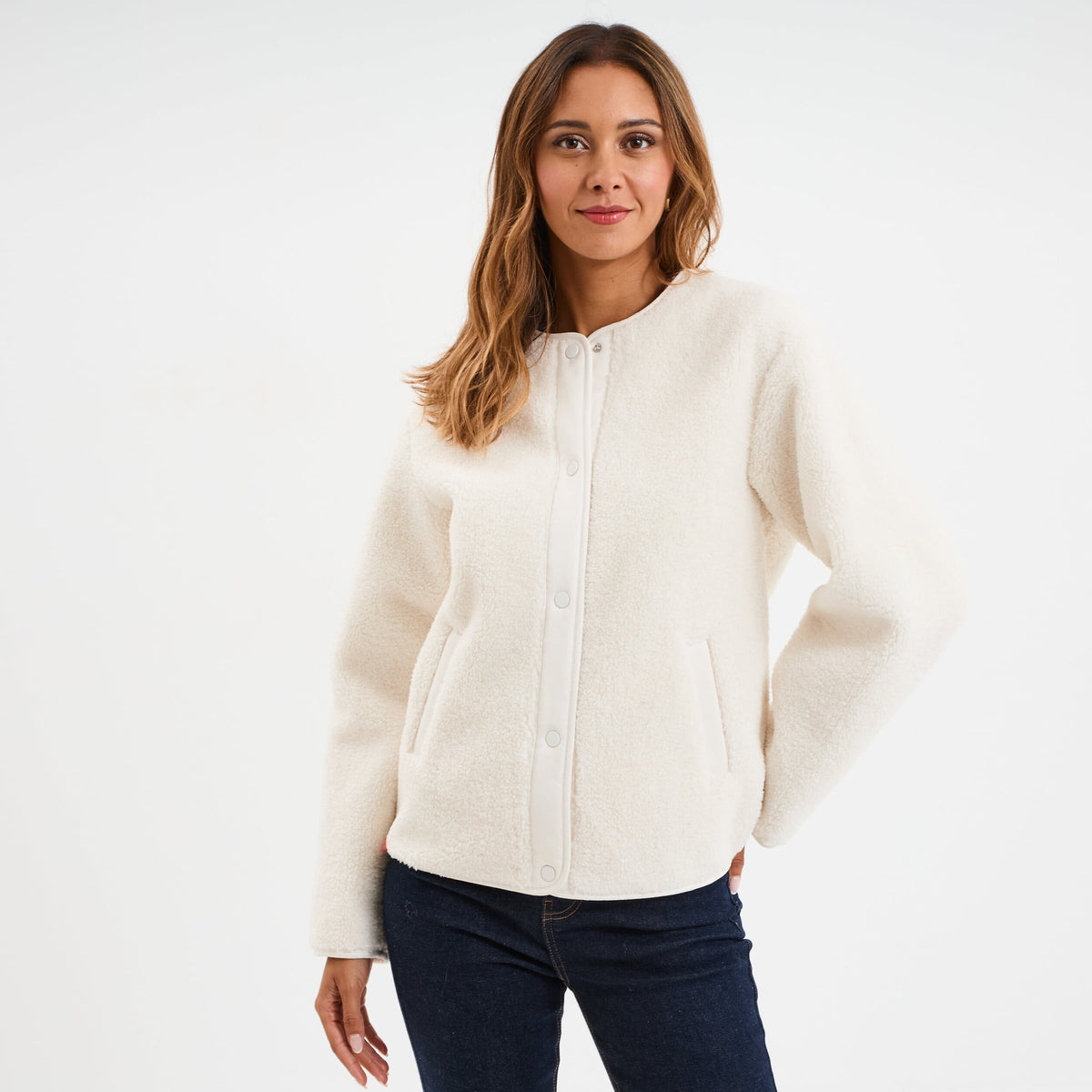 Veste effet polaire boutonnée col rond marron foncé femme - 3