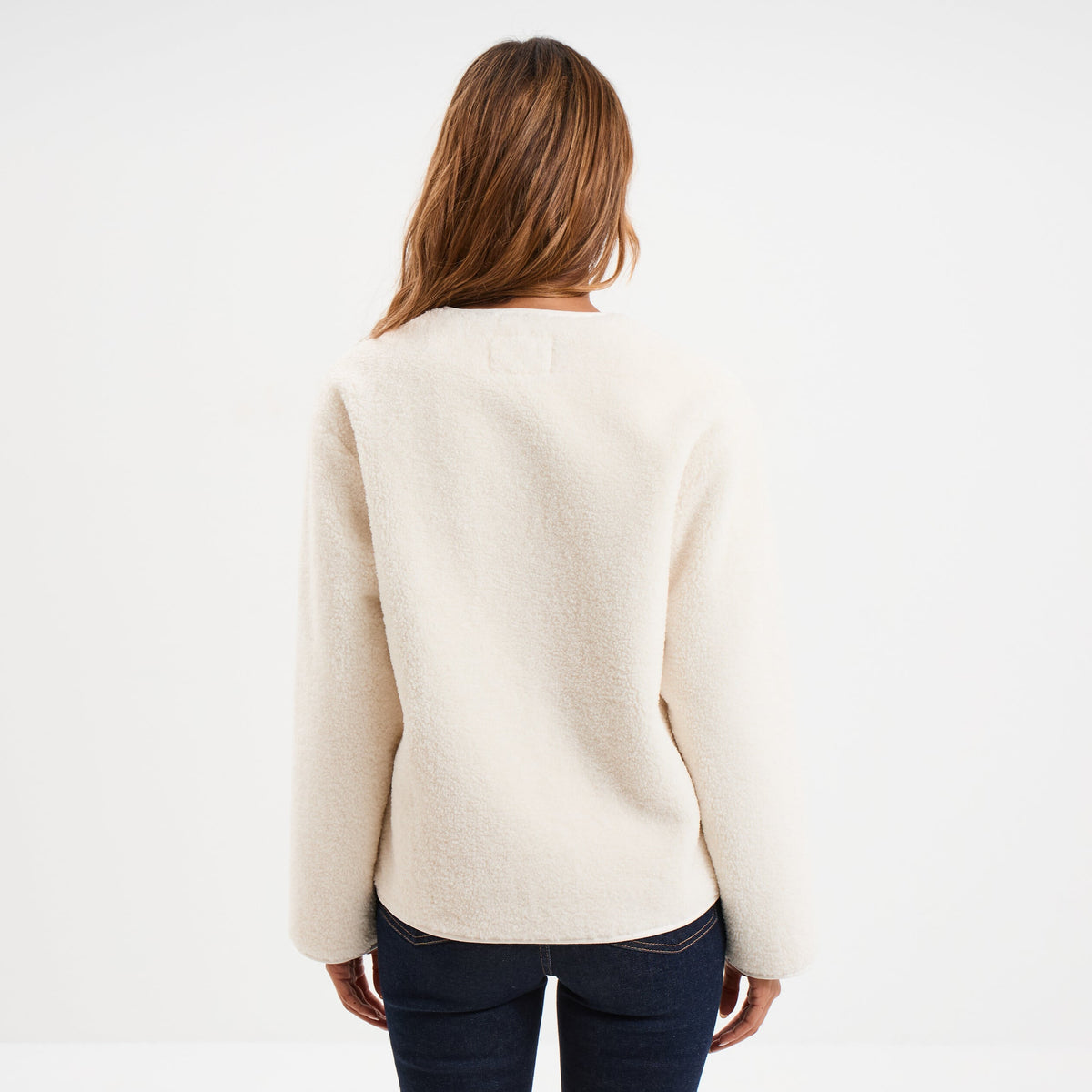 Veste effet polaire boutonnée col rond marron foncé femme - 4