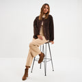 Veste effet polaire boutonnée col rond marron foncé femme - 1