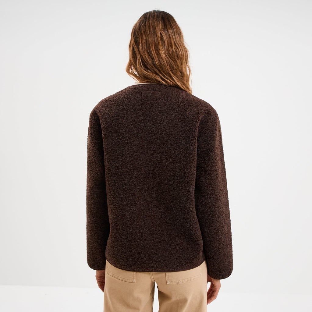 Veste effet polaire boutonnée col rond marron foncé femme - 2