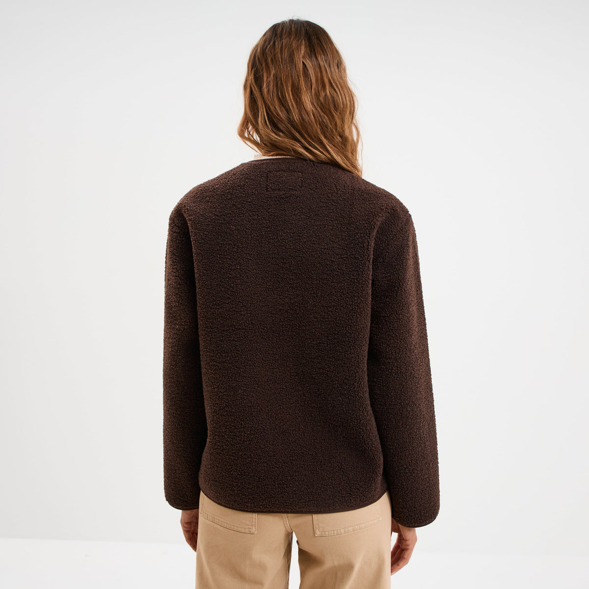Veste effet polaire boutonnée col rond marron foncé femme - 2