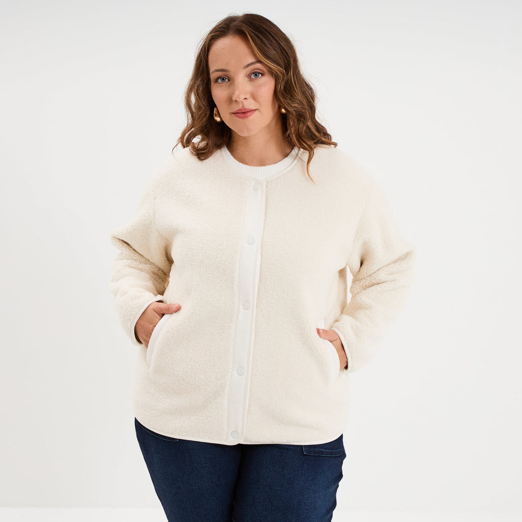 Veste effet polaire boutonnée ecru femme grande taille - 1