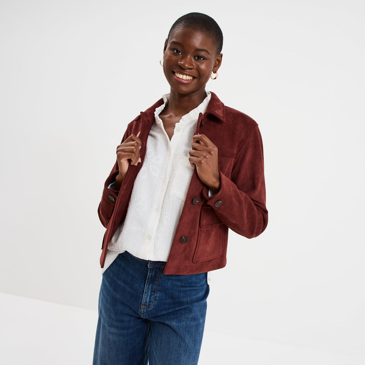 Veste effet suédine boutonnée bordeaux femme - 1