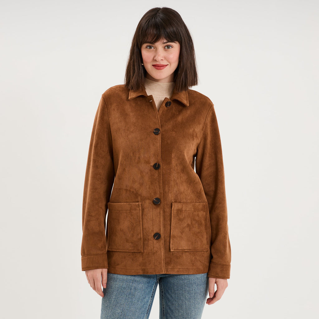 Veste effet suédine boutonnée camel femme - 1