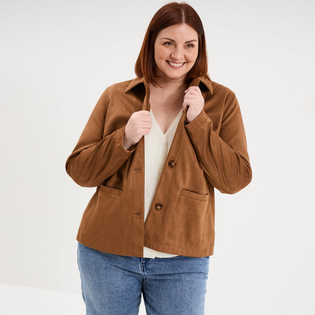 Veste effet suédine boutonnée marron femme grande taille - 1