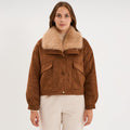 Veste effet suédine col fausse fourrure marron femme - 1