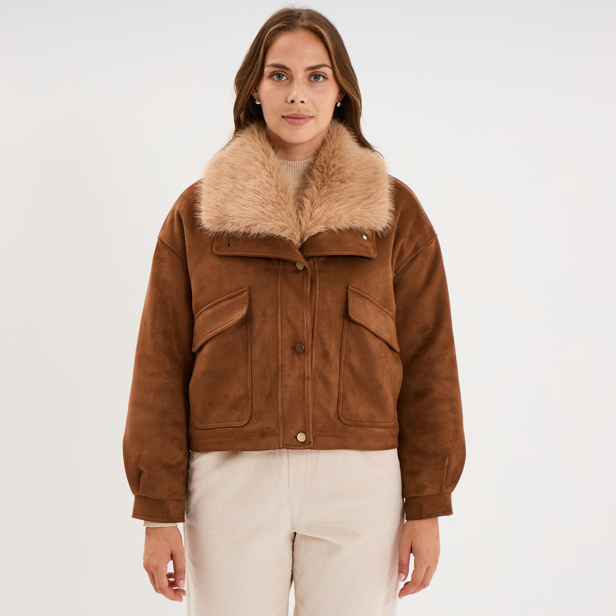 Veste effet suédine col fausse fourrure marron femme - 1