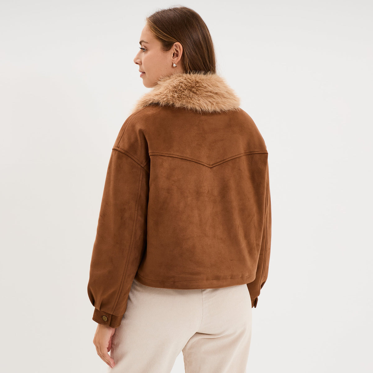 Veste effet suédine col fausse fourrure marron femme - 2