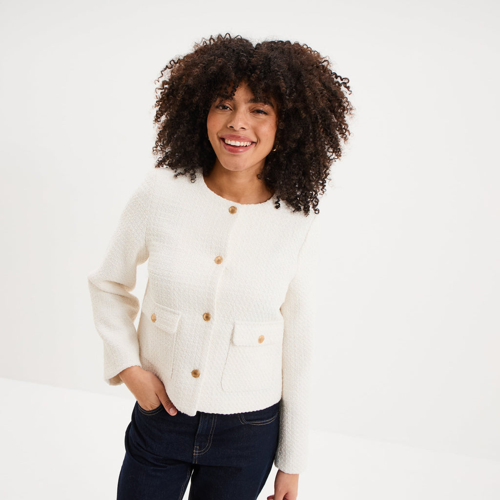 Veste effet tweed boutonnée blanc femme - 1