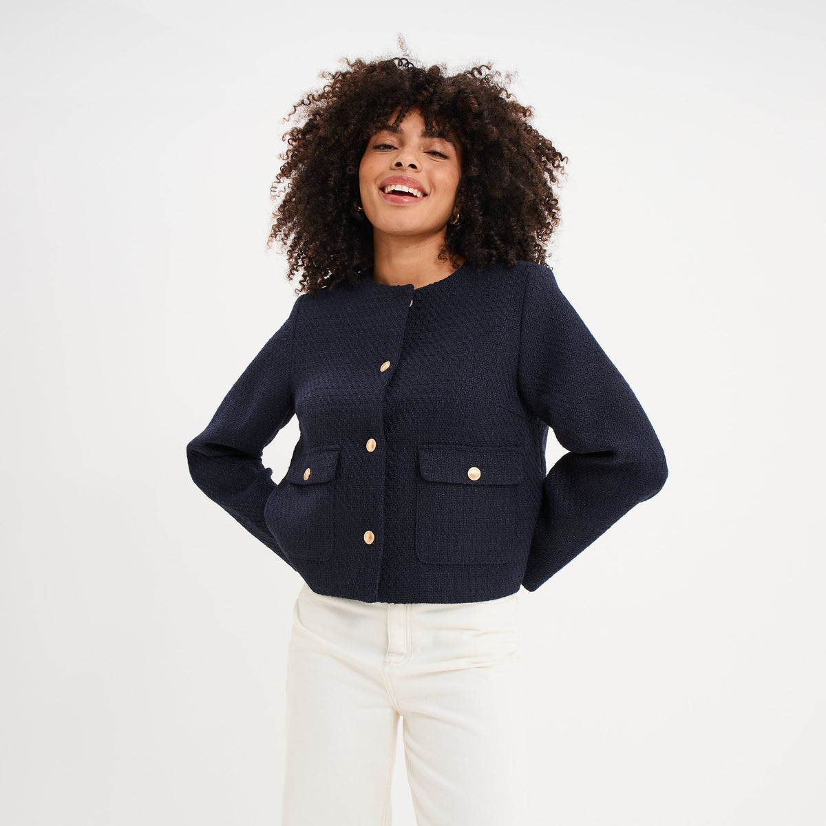 Veste effet tweed boutonnée blanc femme - 3
