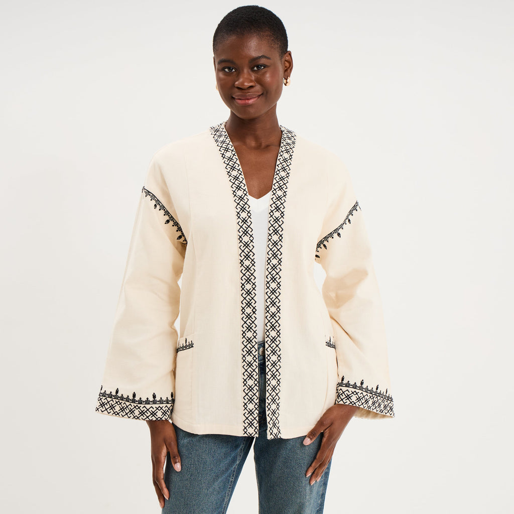 Veste esprit kimono brodée coton ivoire femme - 1
