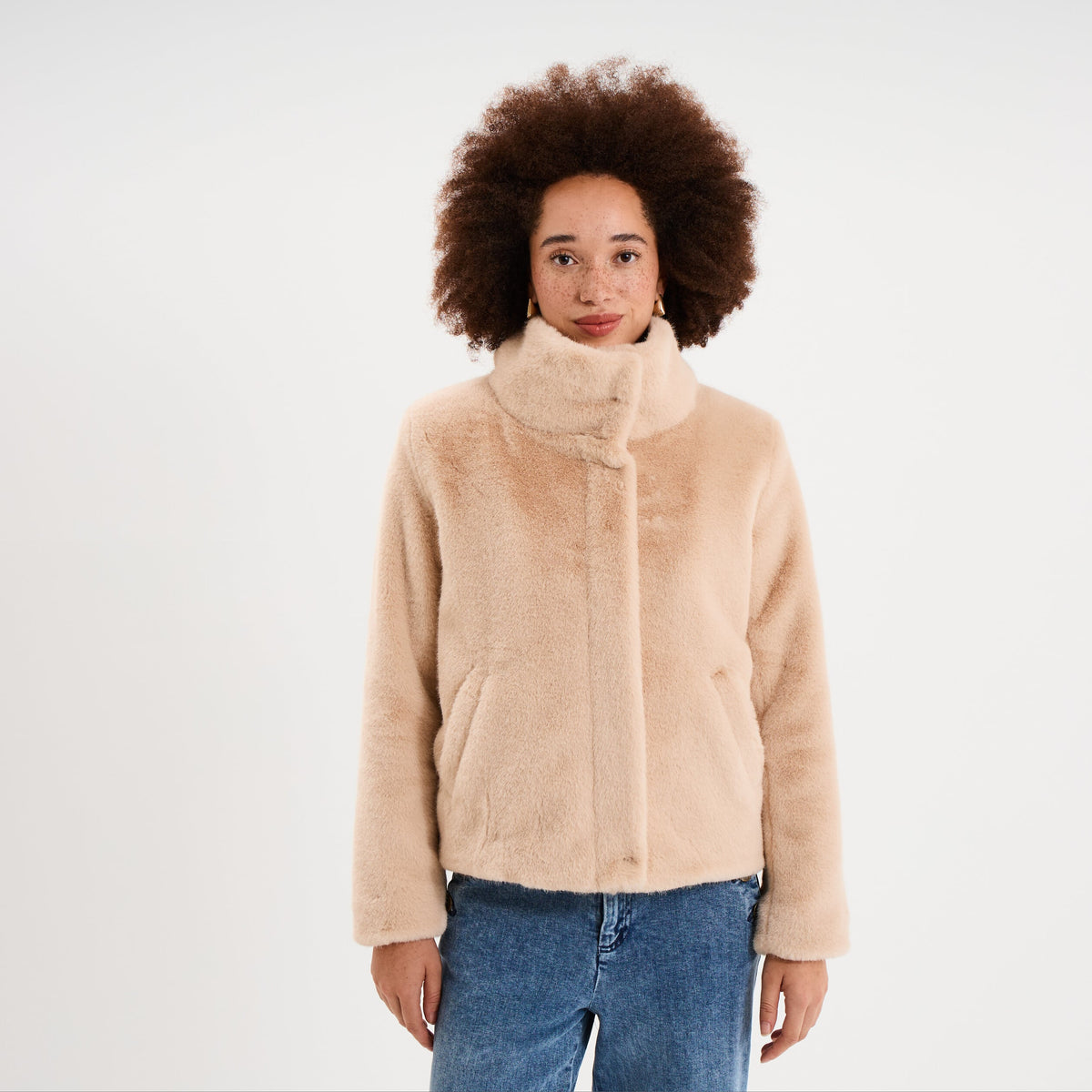 Veste fausse fourrure col montant beige femme - 1