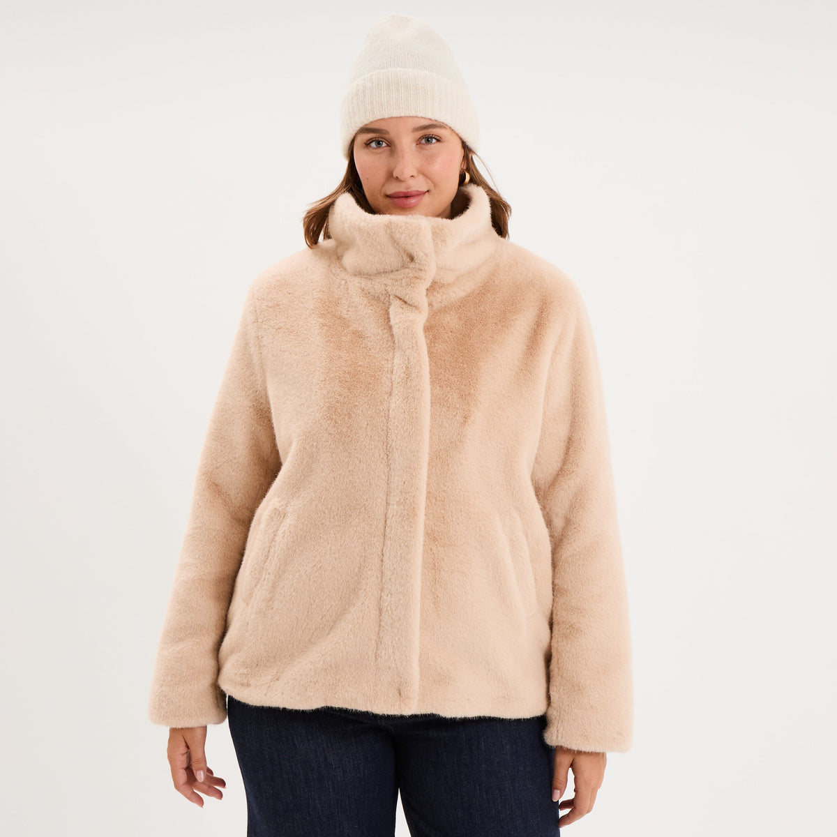 Veste fausse fourrure col montant beige femme grande taille - 1