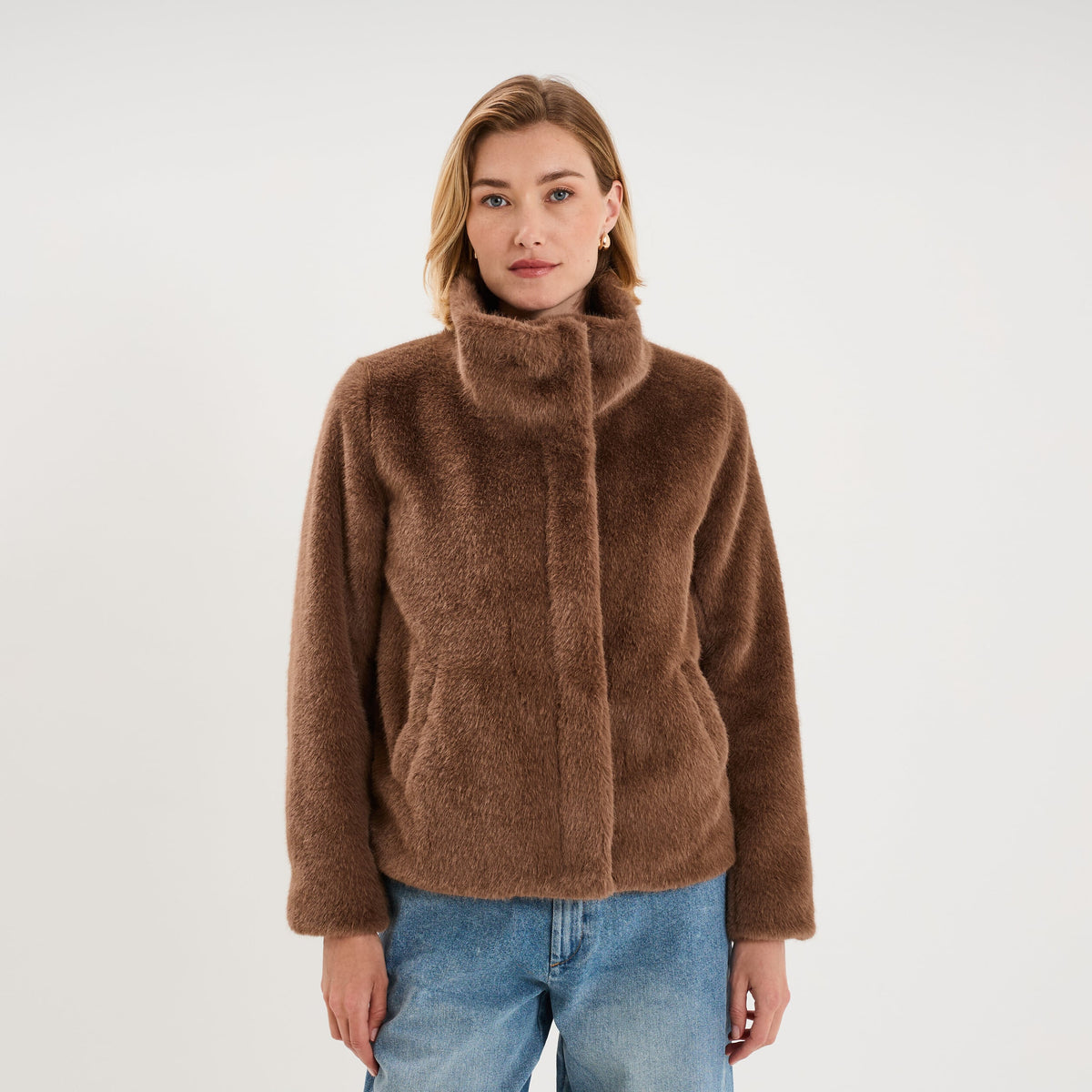 Veste fausse fourrure col montant beige femme - 3
