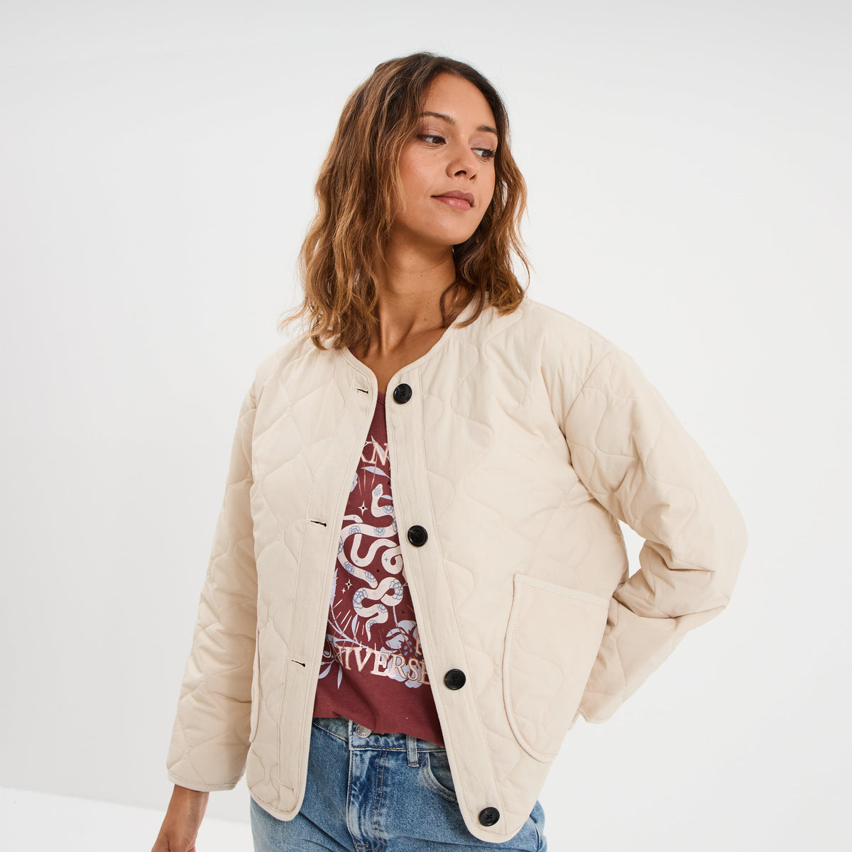 Veste matelassée boutonnée col rond camel femme - 3
