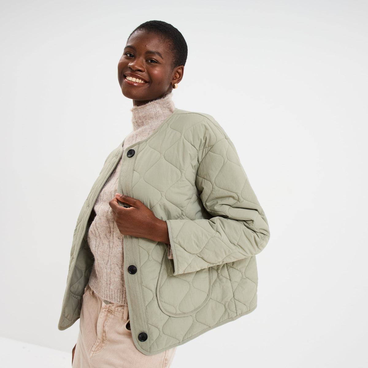 Veste matelassée boutonnée col rond camel femme - 7