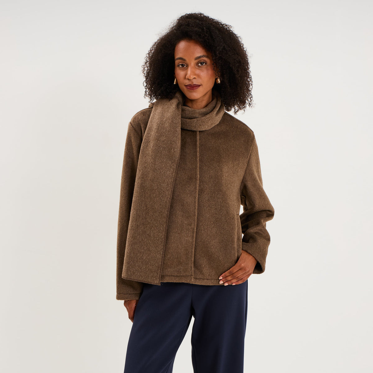 Veste oversize avec écharpe amovible marron clair femme - 1