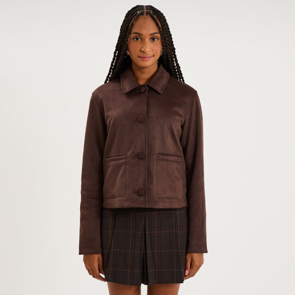 Veste paletot en suédine boutonnée marron foncé femme - 1