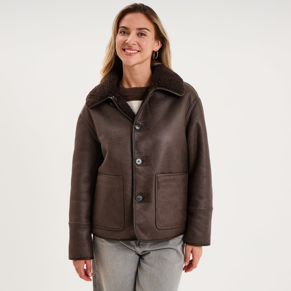 Veste réversible simili cuir et polaire marron foncé femme - 1