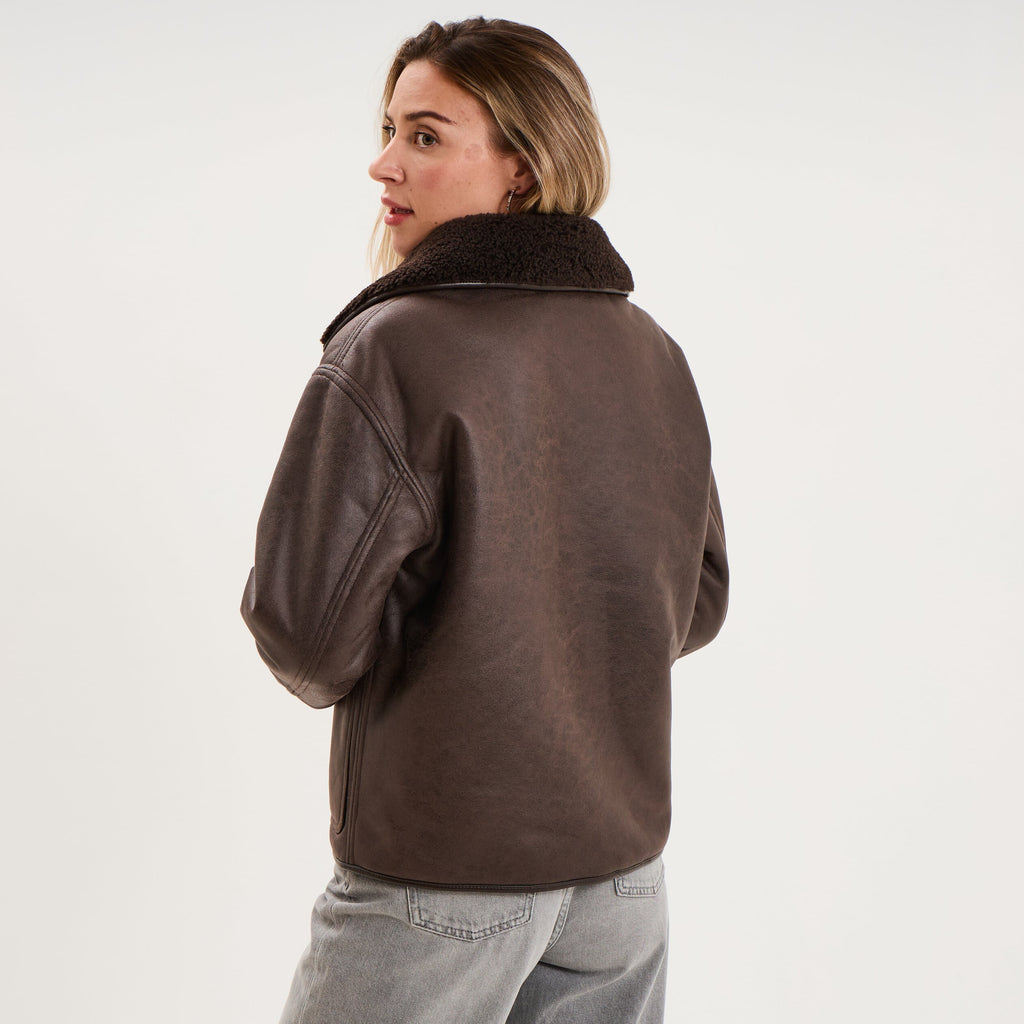 Veste réversible simili cuir et polaire marron foncé femme - 2